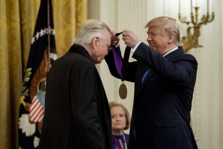 President Donald J. Trump presents the National Medal of Art and the National Humanities Medal to actor Jon Voight Thursday, Nov. 21, 2019, in the East Room of the White House. First Lady Melania Trump and Vice President Mike Pence attend. (Official White House photo by D. Myles Cullen)