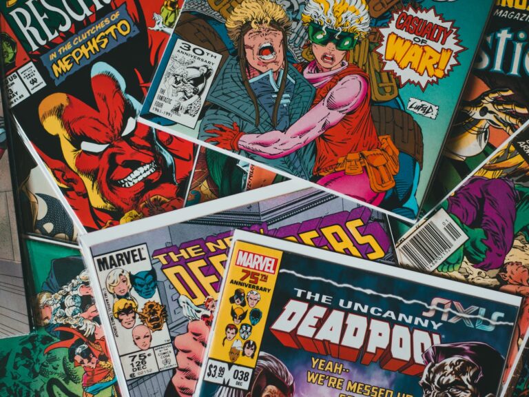 collection of comic books with vivid colorful illustrations on cover
