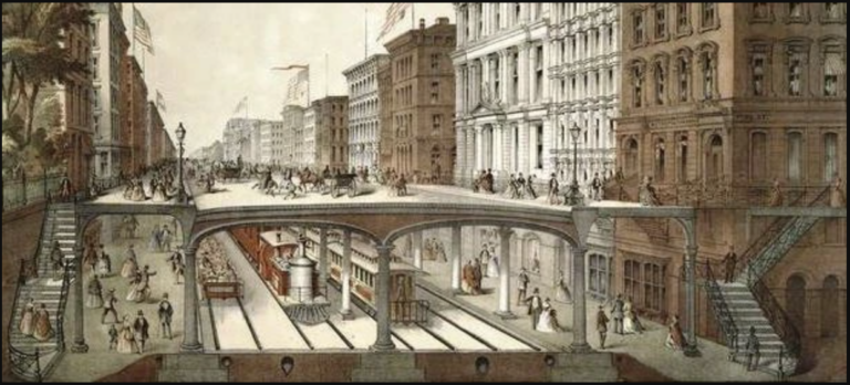Artist rendering of a proposed elevated railway near Wall Street (1870).