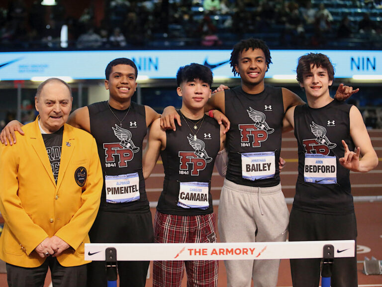 Fordham Prep Coach Ignacio G. Febles, Alfonso Pimentel, Christan Camara, Jonathan Bailey, and Aden Bedford.