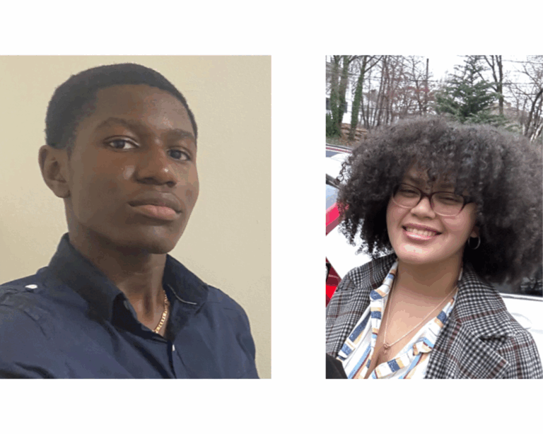 Two essay contest winners: Godslove Agyarko, a young male student in a dark polo shirt, and Isabella Garrison, a young woman with curly hair and glasses wearing a checkered blazer.