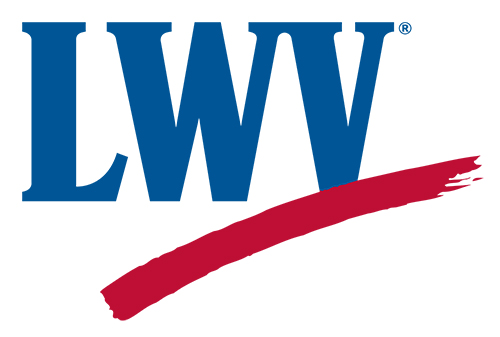 League of Women Voters logo with blue LWV letters and red underline