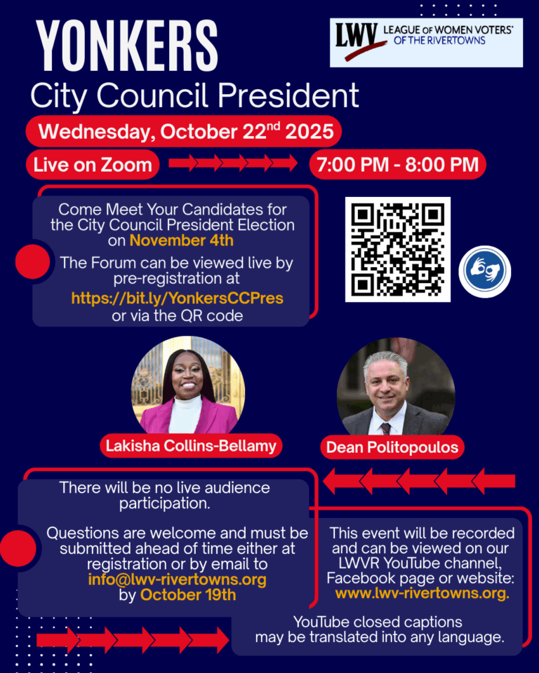 League of Women Voters to Host Virtual Forum for Yonkers City Council President Candidates on Wednesday, October 22, 2025