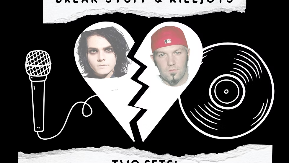 A photo featuring drawings of a broken heart, a record, and a microphone, with photos of Gerard Way and Fred Durst.