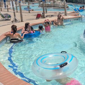 Photos of children and adults at the pool.