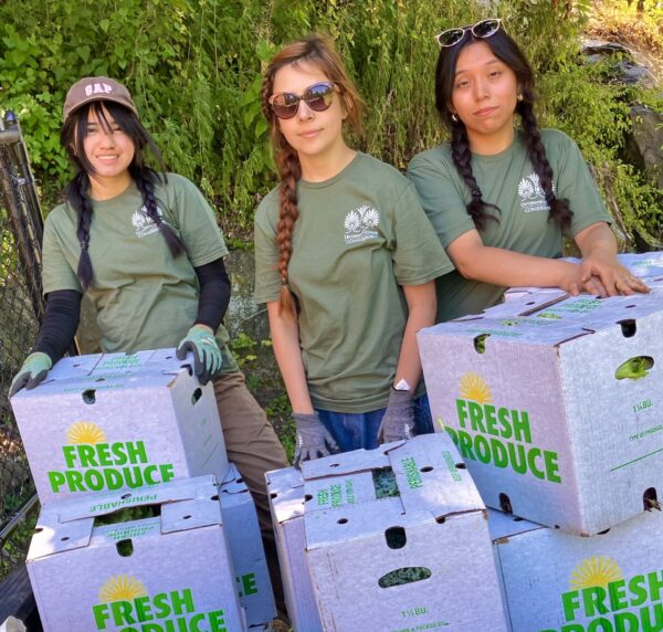 three students with food bank boxes
