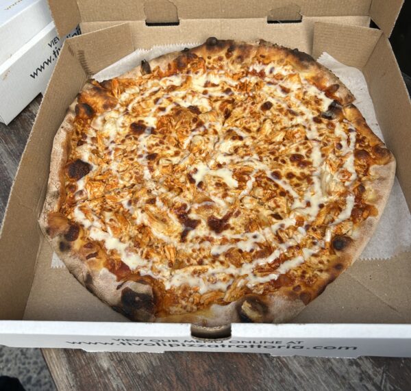 pizza with a cheese spiral topping