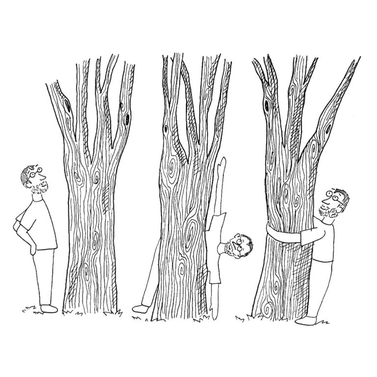 cartoon of man measuring trees